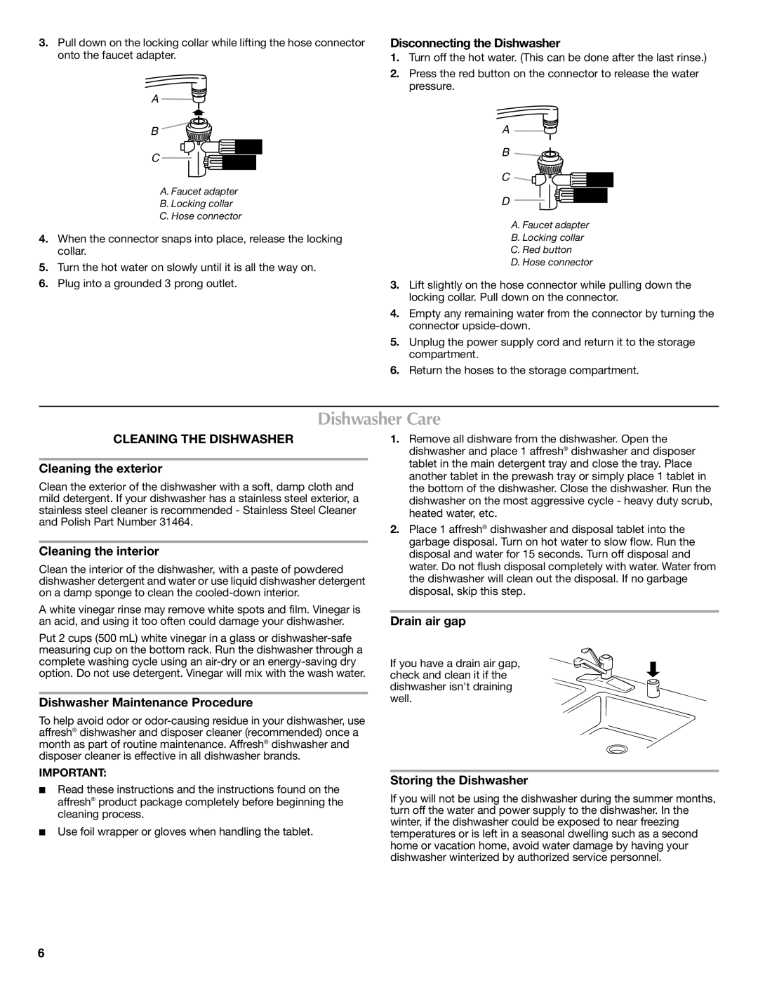 Maytag W10438305A warranty Dishwasher Care, Cleaning the Dishwasher 