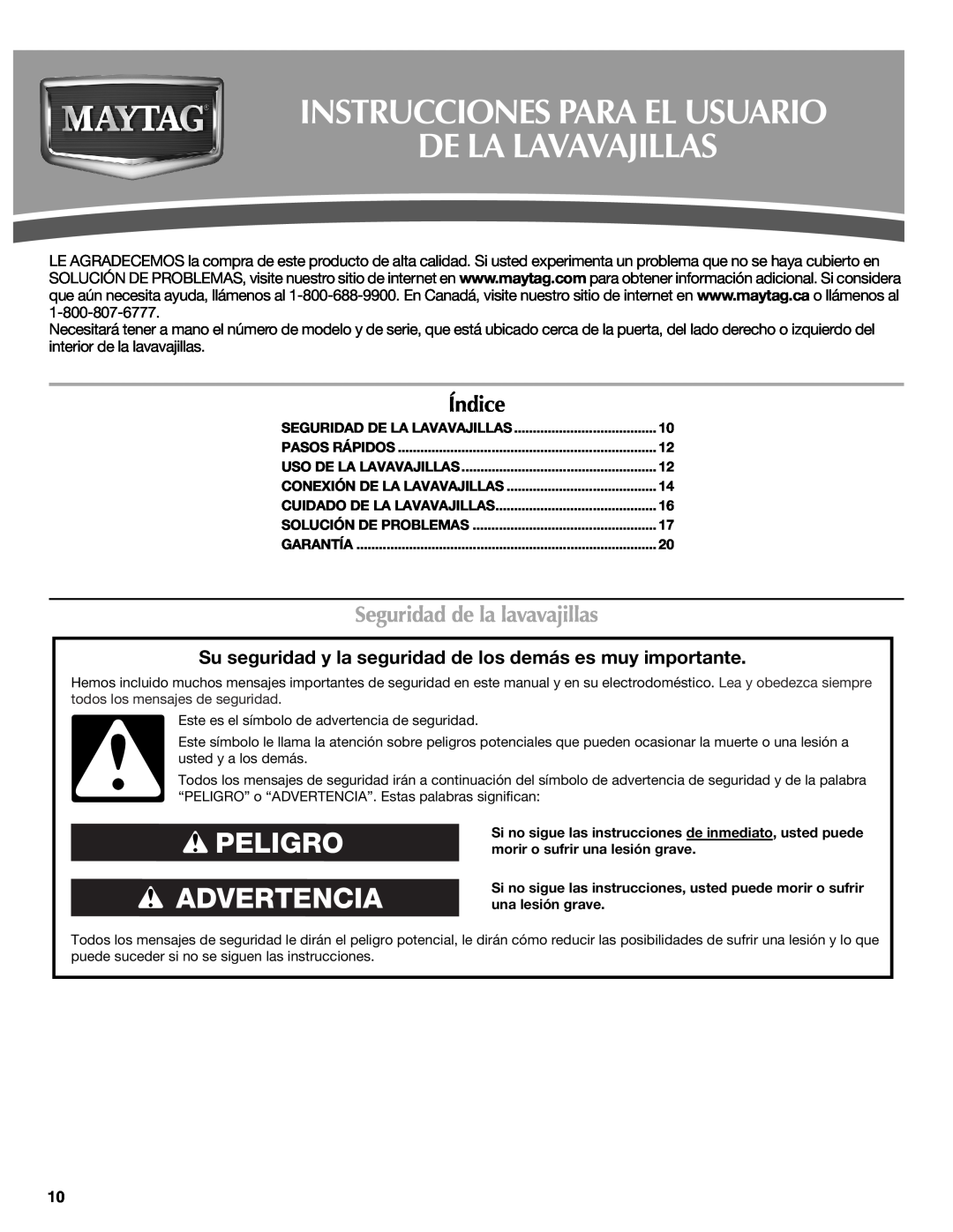Maytag W10438305A warranty Instrucciones Para El Usuario De La Lavavajillas, Índice, Seguridad de la lavavajillas 
