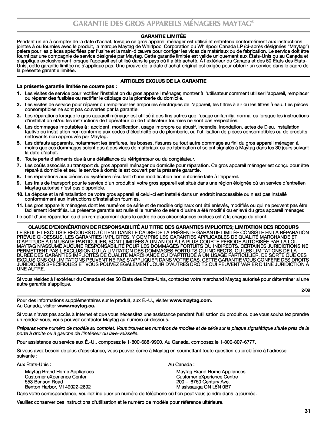 Maytag W10438305A warranty Garantie Des Gros Appareils Ménagers Maytag, Garantie Limitée, Articles Exclus De La Garantie 