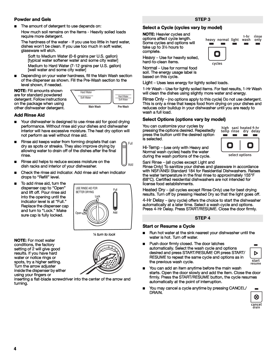 Maytag W10438305A Powder and Gels, Add Rinse Aid, STEP Select a Cycle cycles vary by model, STEP Start or Resume a Cycle 