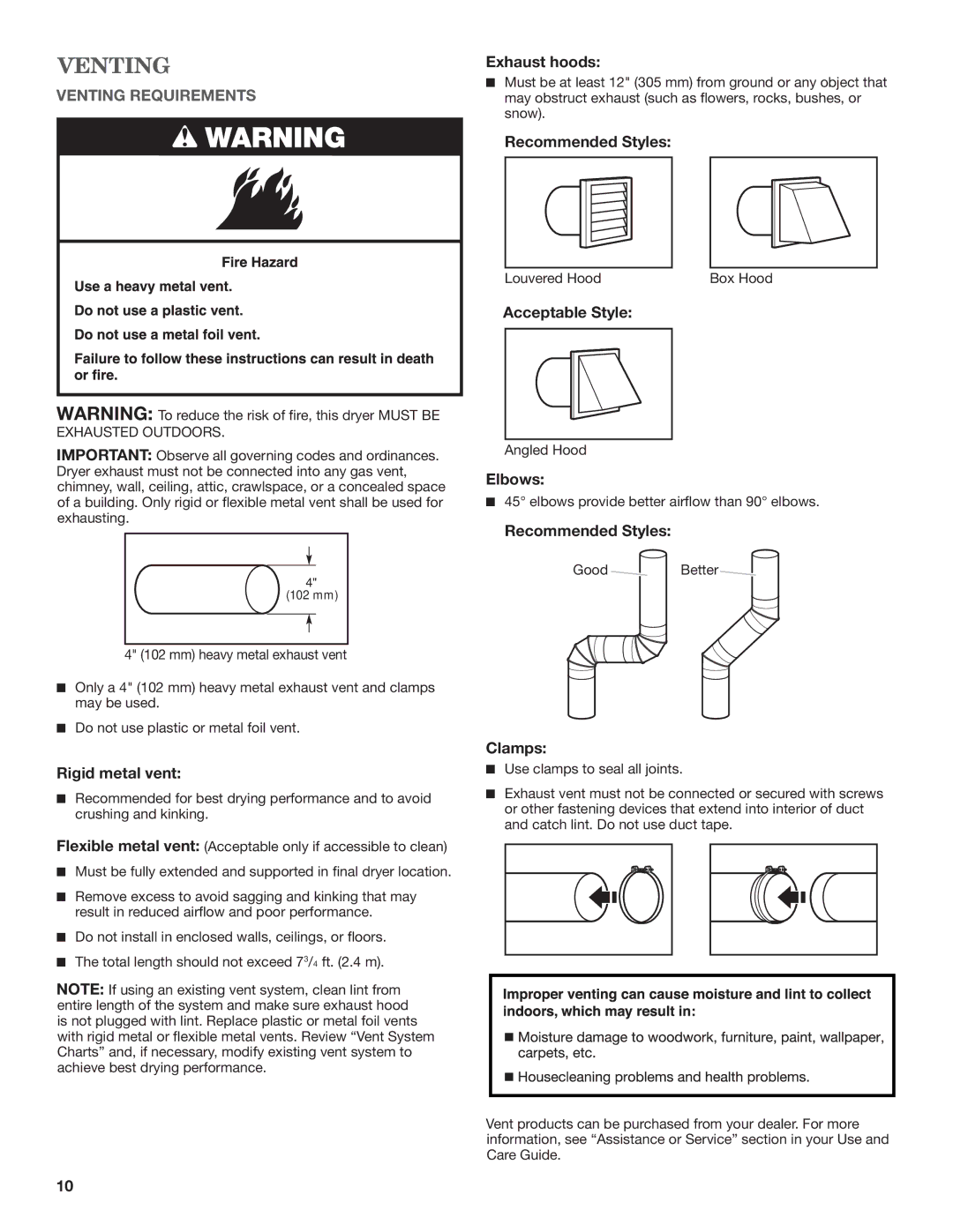 Maytag W10443045B, W10443046B-SP installation instructions Venting 