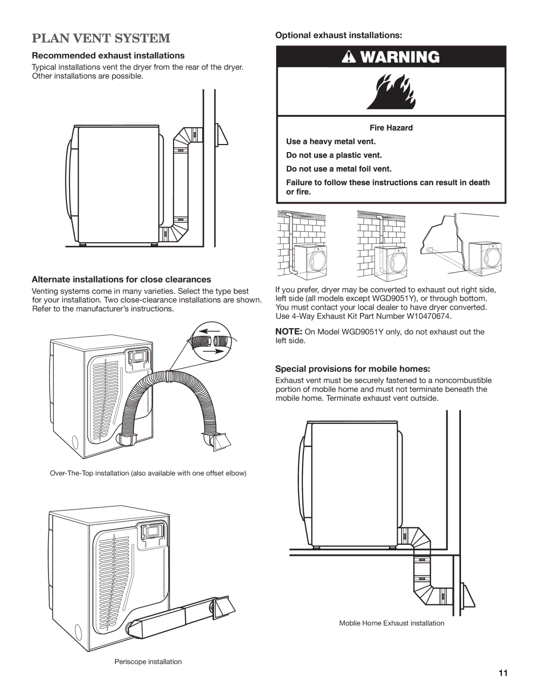 Maytag W10443046B-SP Plan Vent System, Recommended exhaust installations, Alternate installations for close clearances 