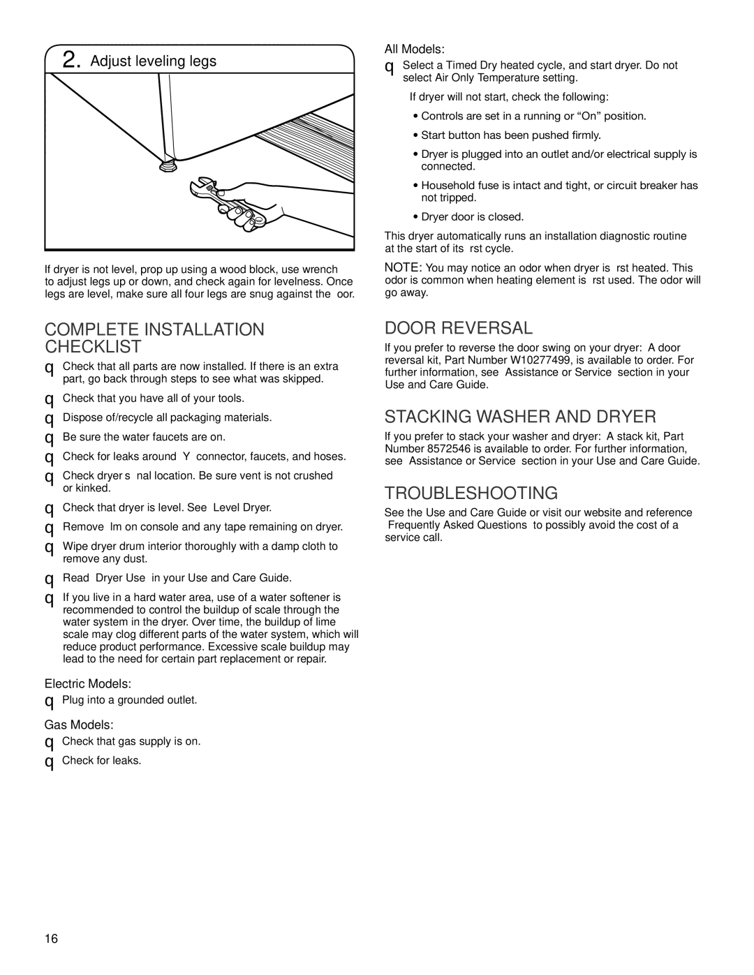 Maytag W10443045B Complete Installation Checklist, Door Reversal, Stacking Washer and Dryer, Troubleshooting 