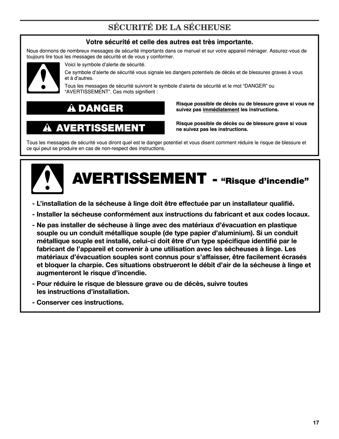 Maytag W10443046B-SP, W10443045B installation instructions Sécurité DE LA Sécheuse 