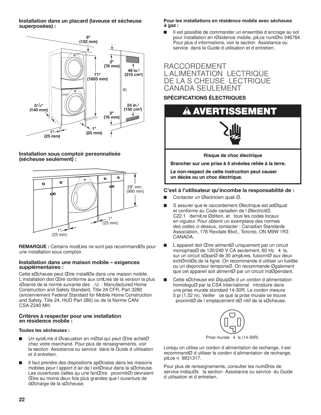 Maytag W10443045B, W10443046B-SP Spécifications Électriques, Installation sous comptoir personnalisée sécheuse seulement 