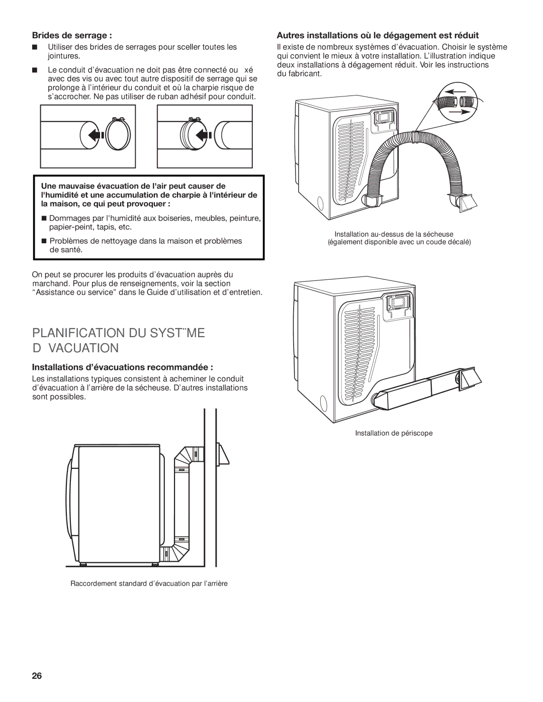 Maytag W10443045B Planification DU Système D’ÉVACUATION, Brides de serrage, Installations d’évacuations recommandée 