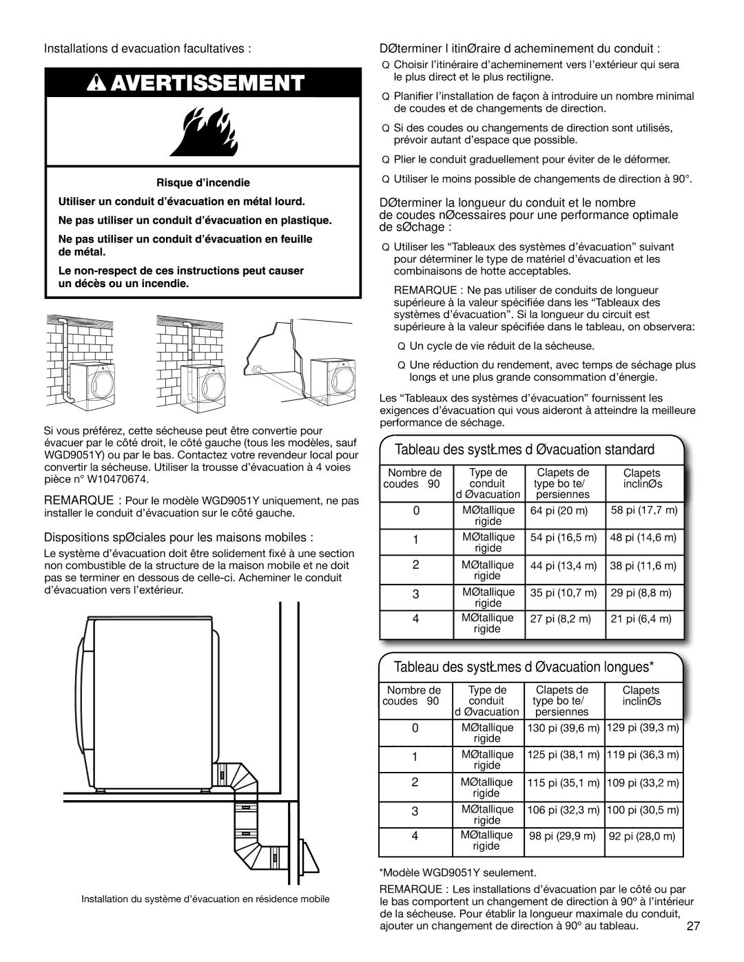 Maytag W10443046B-SP, W10443045B Tableau des systèmes d’évacuation standard, Tableau des systèmes d’évacuation longues 