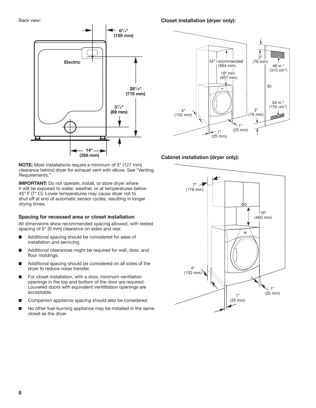 Maytag W10443045B, W10443046B-SP installation instructions Closet installation dryer only, Cabinet installation dryer only 