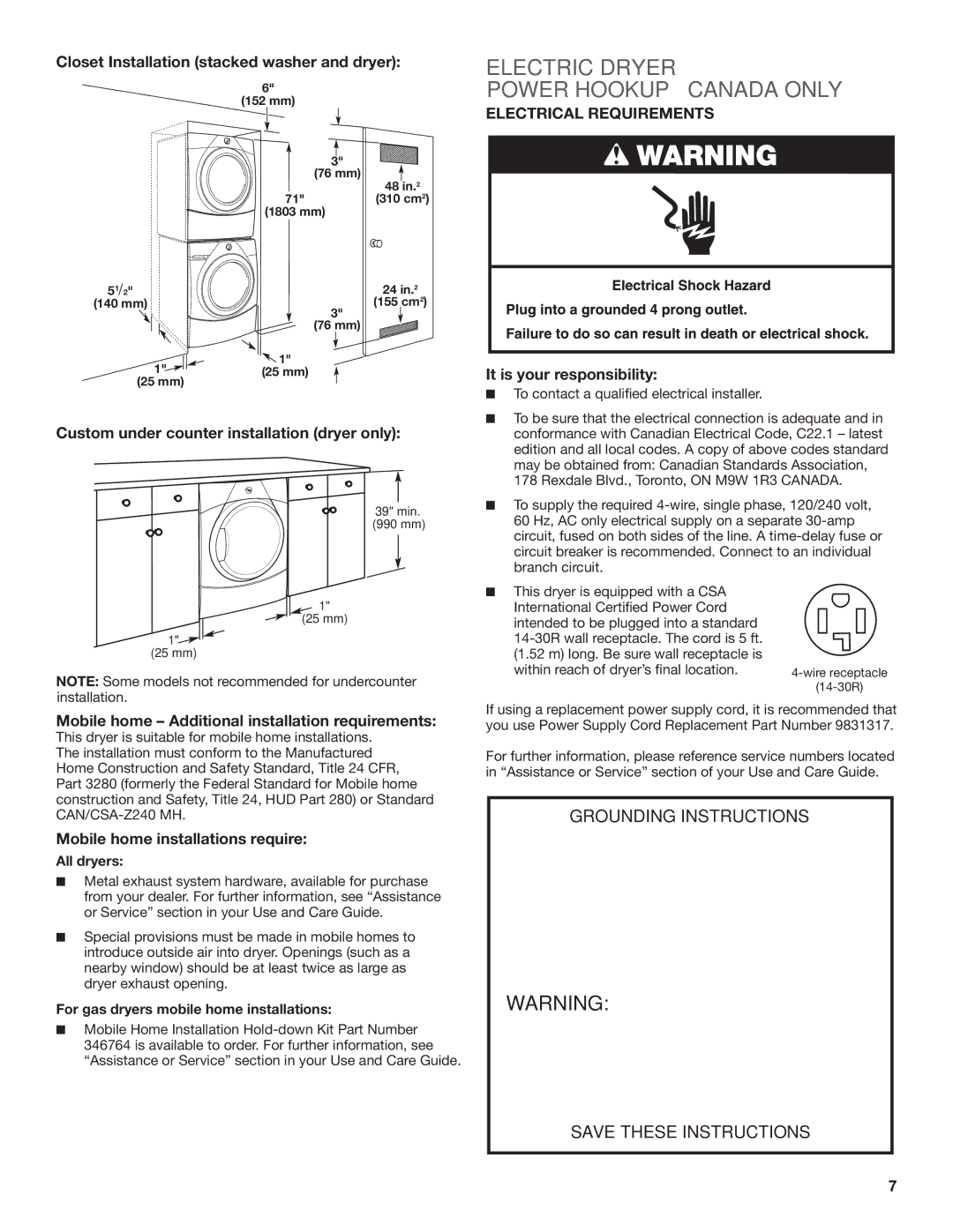 Maytag W10443046B-SP, W10443045B installation instructions Electric Dryer Power Hookup Canada only, Electrical Requirements 