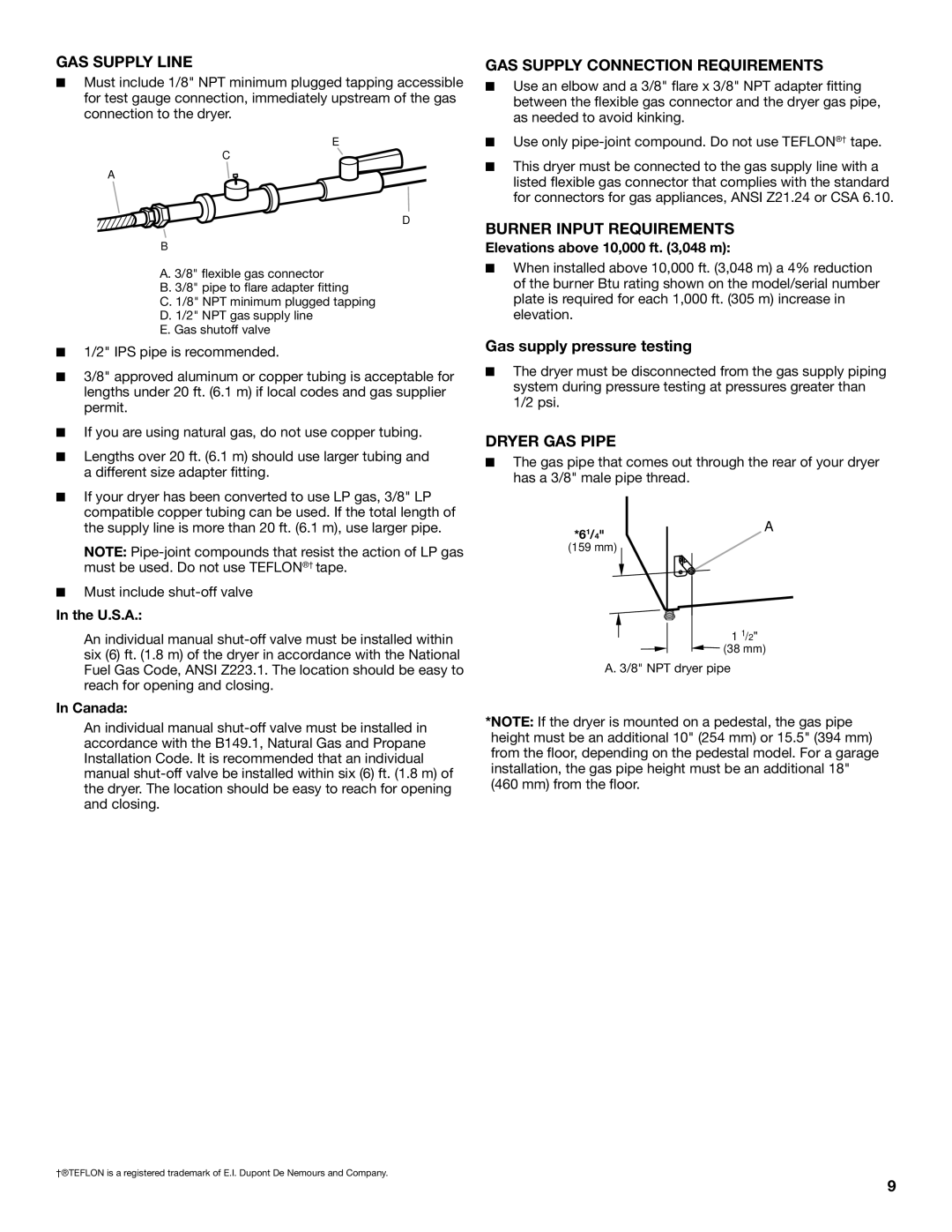 Maytag W10443046B-SP GAS Supply Line, GAS Supply Connection Requirements, Burner Input Requirements, Dryer GAS Pipe 