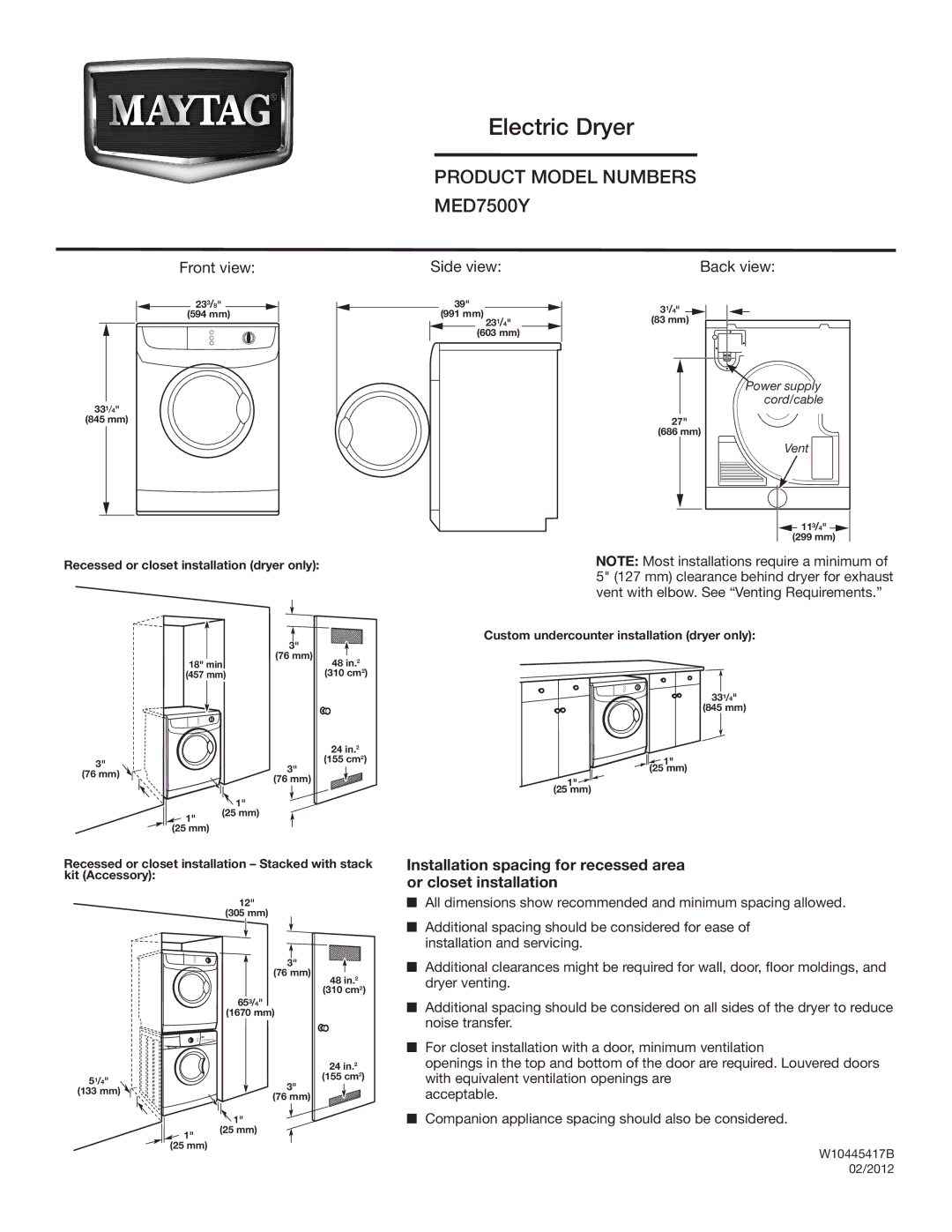 Maytag W10445417B dimensions Electric Dryer 