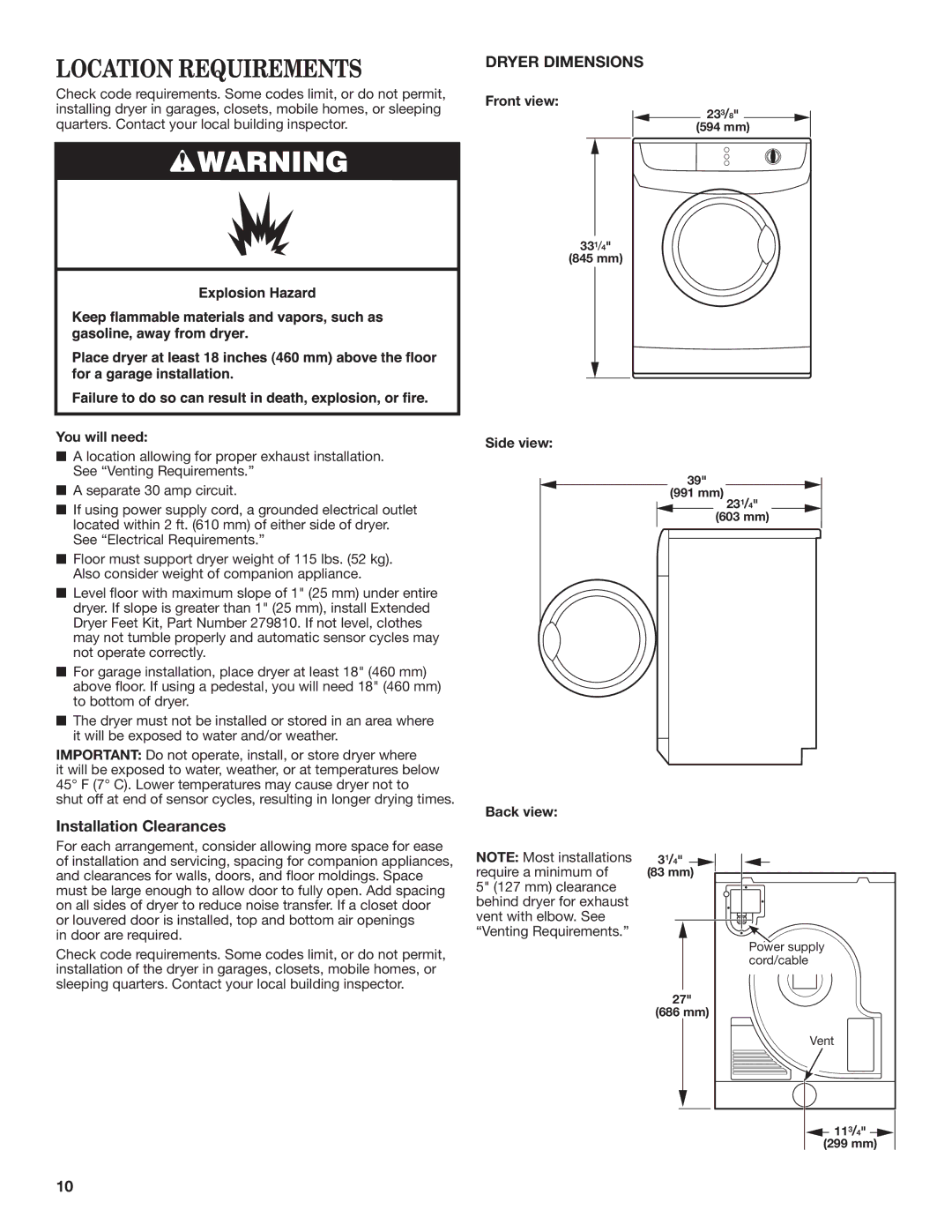 Maytag W10445417B manual Location Requirements, Installation Clearances 