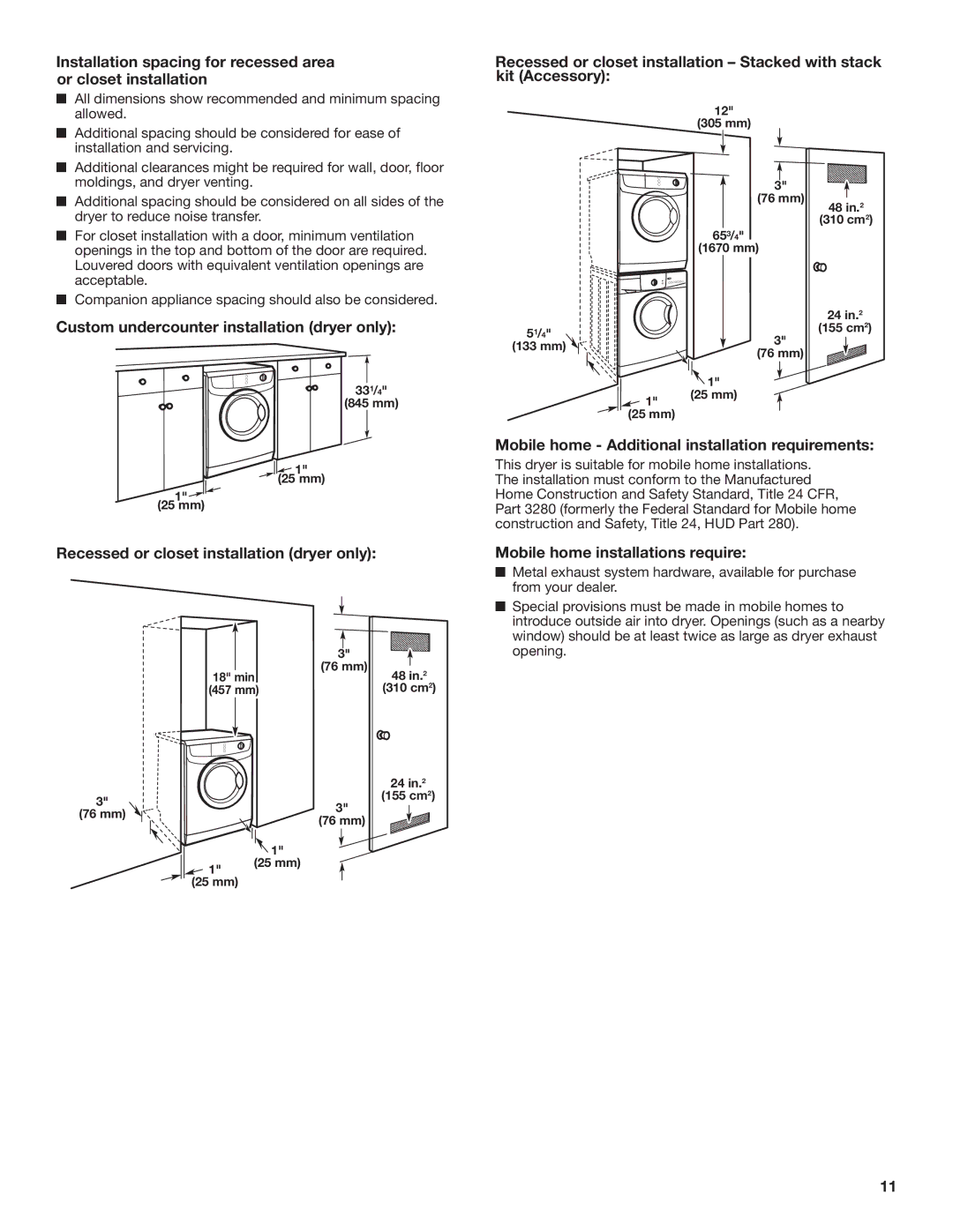 Maytag W10445417B manual Custom undercounter installation dryer only, Mobile home Additional installation requirements 