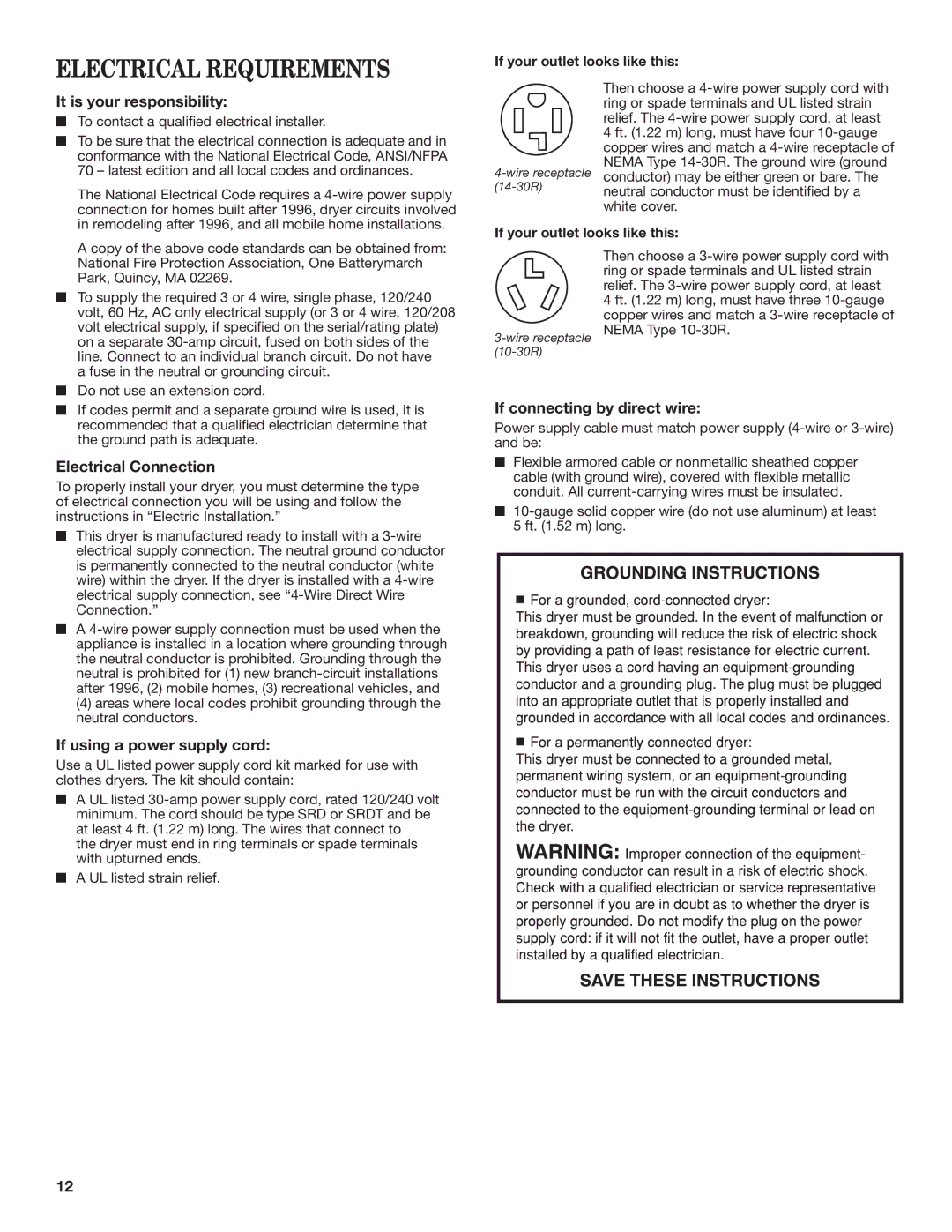 Maytag W10445417B Electrical Requirements, It is your responsibility, Electrical Connection, If connecting by direct wire 