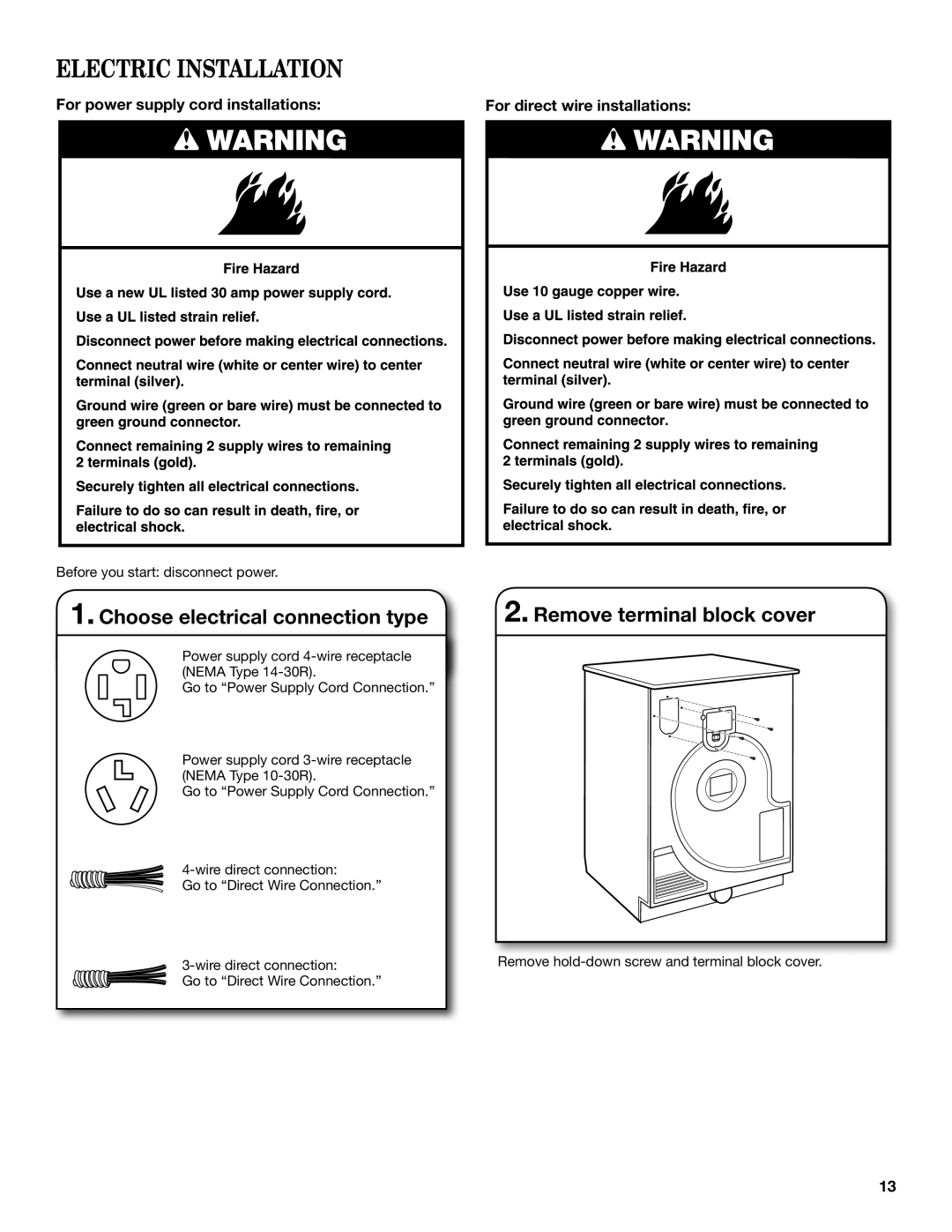 Maytag W10445417B manual Electric Installation, For power supply cord installations, For direct wire installations 