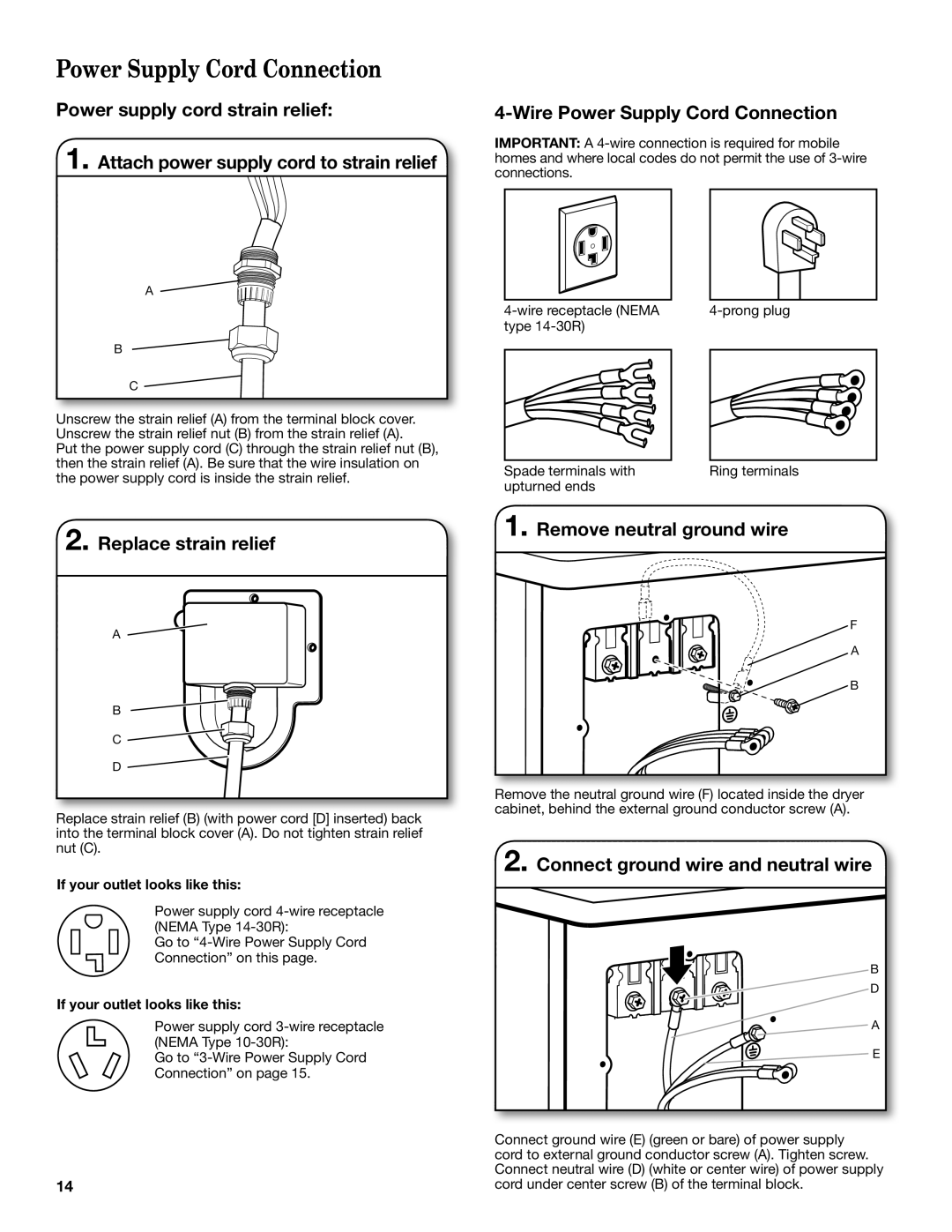 Maytag W10445417B manual Power Supply Cord Connection, Replace strain relief, Remove neutral ground wire 