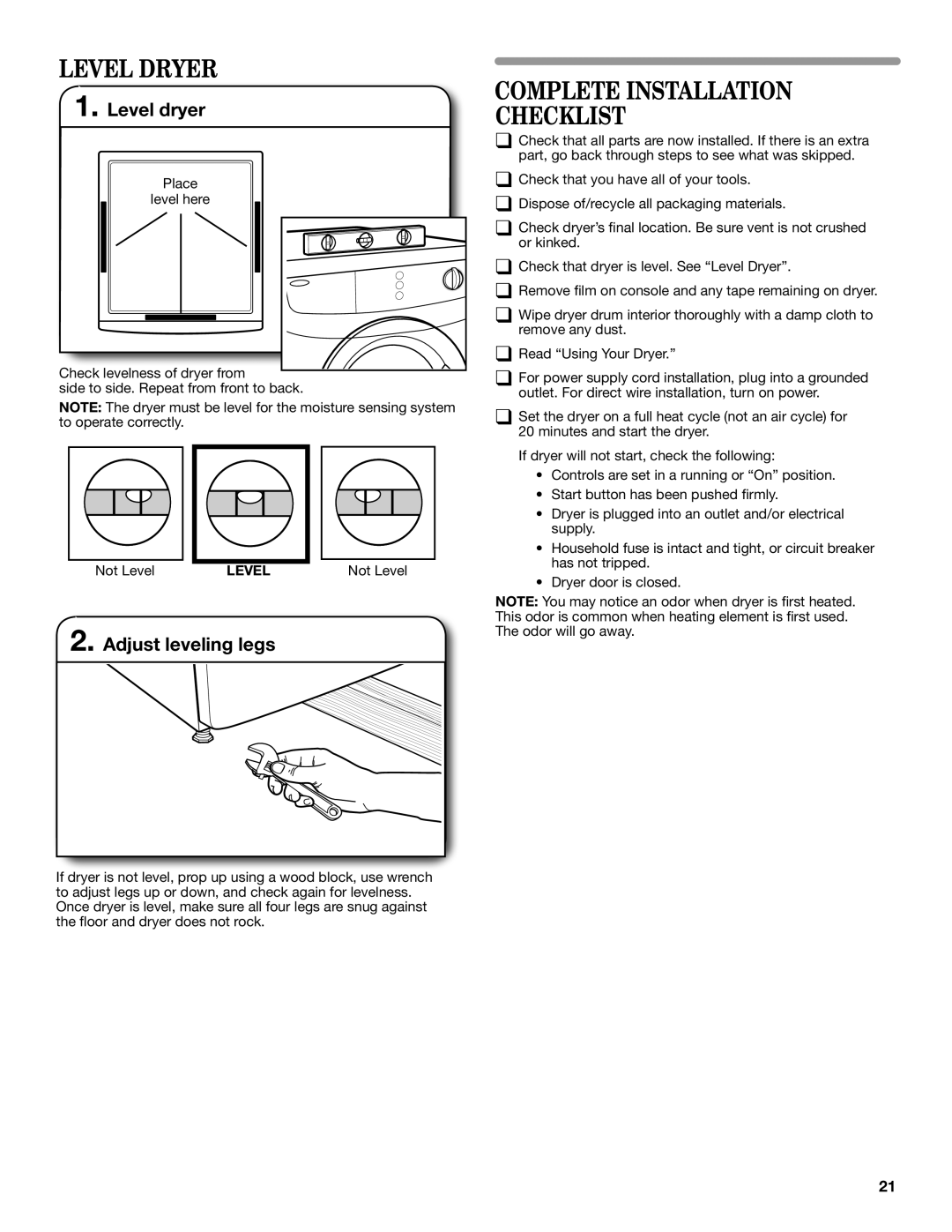 Maytag W10445417B manual Level Dryer, Level dryer, Adjust leveling legs 