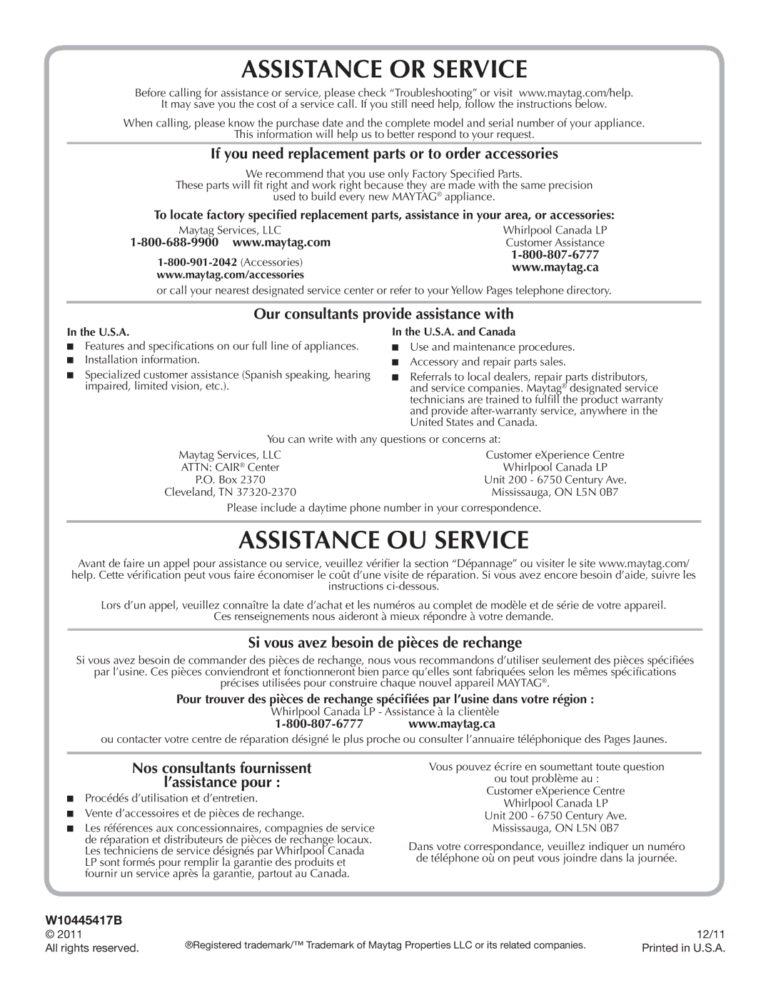 Maytag W10445417B manual If you need replacement parts or to order accessories, Our consultants provide assistance with 