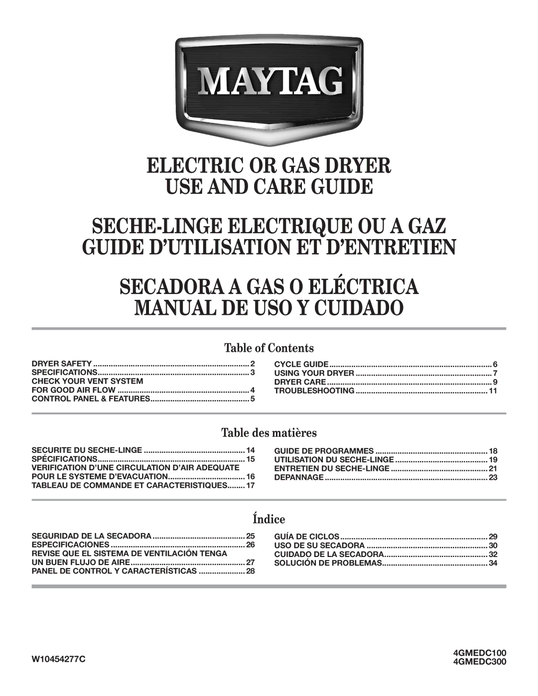 Maytag W10454277C specifications Electric or GAS Dryer USE and Care Guide 