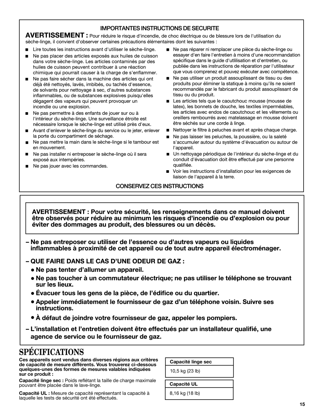 Maytag W10454277C specifications Spécifications, Capacité linge sec, Capacité UL 