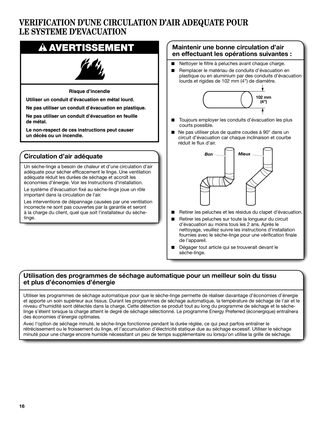 Maytag W10454277C specifications Circulation d’air adéquate, Nettoyer le filtre à peluches avant chaque charge 