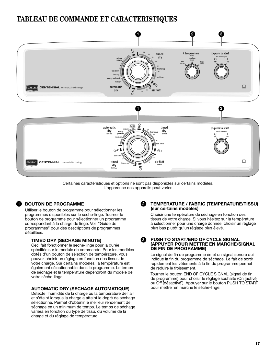 Maytag W10454277C specifications Tableau DE Commande ET Caracteristiques, Bouton DE Programme 