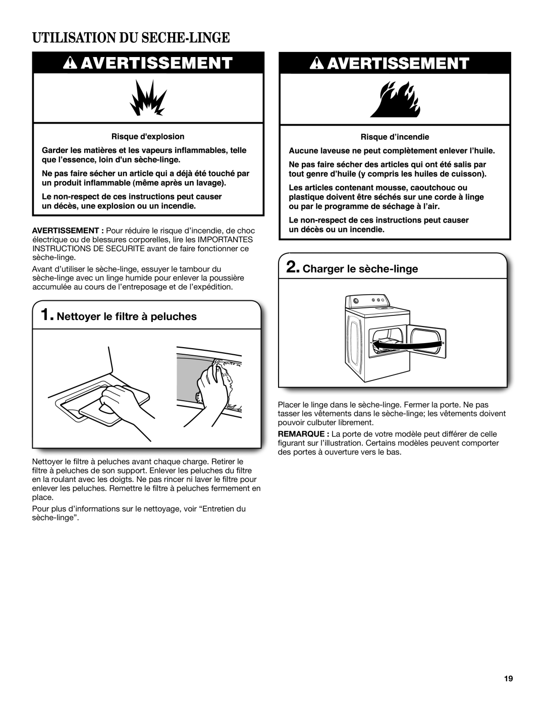 Maytag W10454277C specifications Utilisation DU SECHE-LINGE, Nettoyer le filtre à peluches, Charger le sèche-linge 