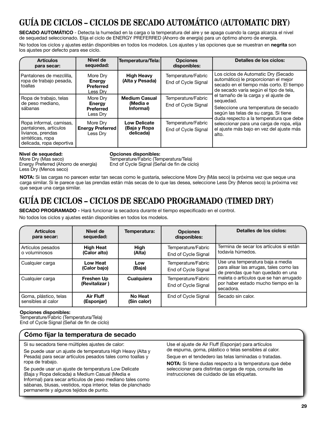 Maytag W10454277C Guía DE Ciclos Ciclos DE Secado Automático Automatic DRY, Cómo fijar la temperatura de secado 