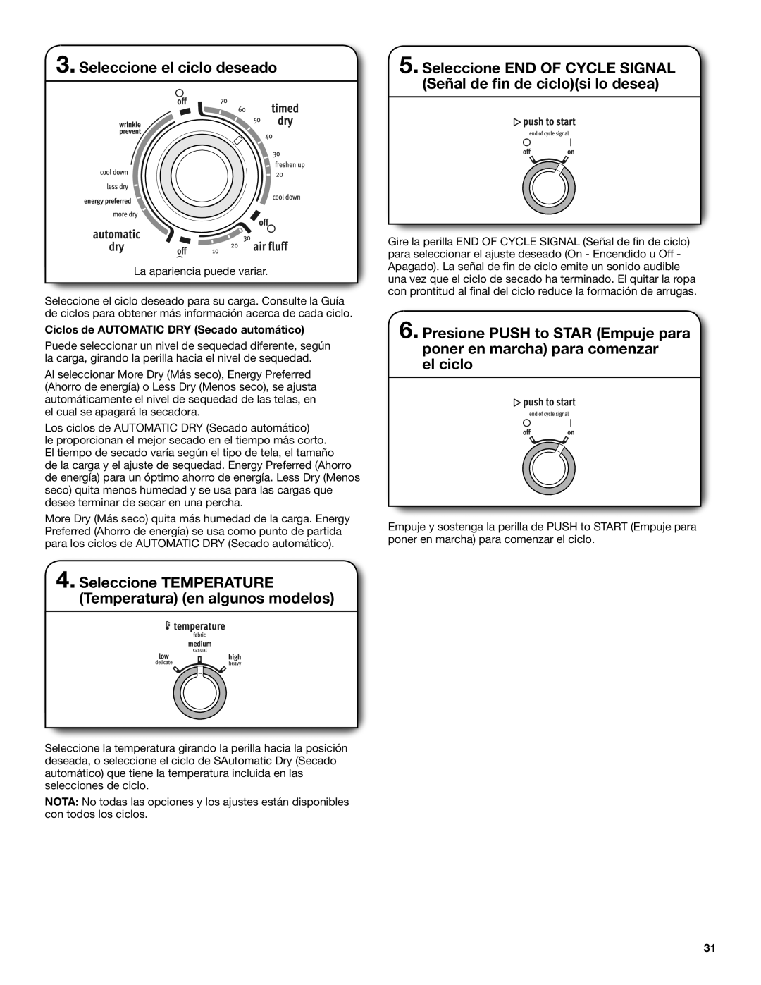 Maytag W10454277C specifications Seleccione el ciclo deseado, Seleccione Temperature Temperatura en algunos modelos 