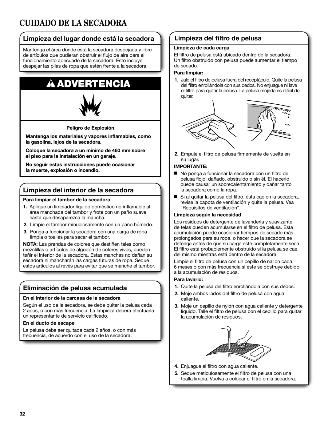 Maytag W10454277C Cuidado DE LA Secadora, Limpieza del lugar donde está la secadora, Limpieza del interior de la secadora 