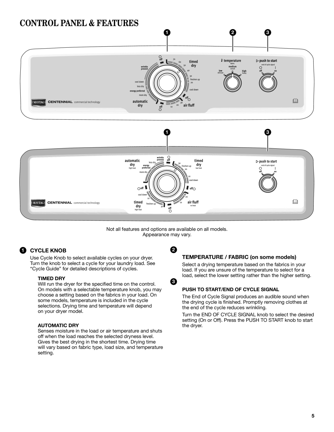 Maytag W10454277C specifications Control Panel & Features, Cycle Knob 