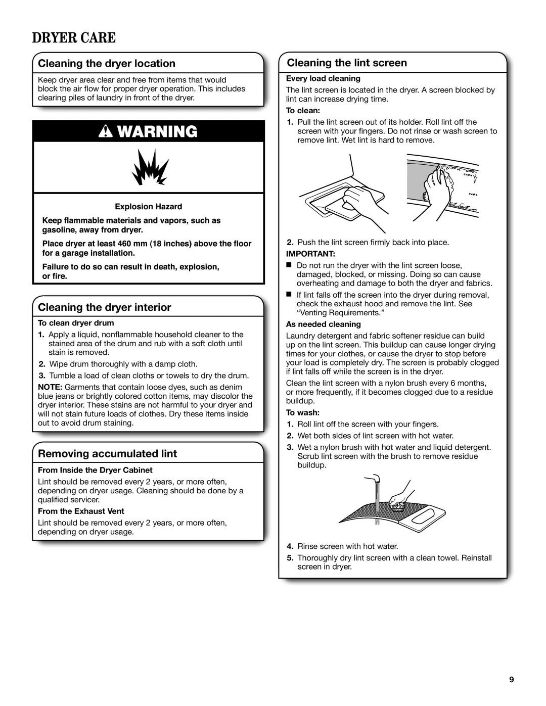 Maytag W10454277C Dryer Care, Cleaning the dryer location, Cleaning the dryer interior, Removing accumulated lint 