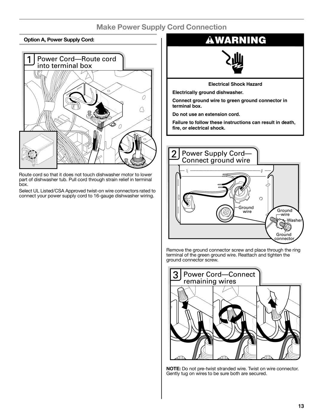 Maytag W10532762A installation instructions Make Power Supply Cord Connection, Option A, Power Supply Cord 