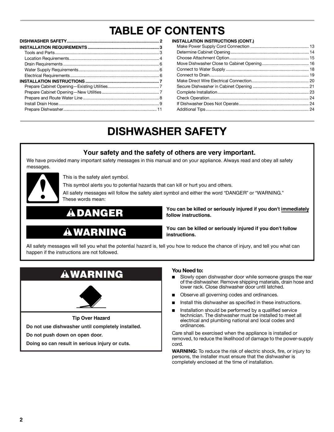 Maytag W10532762A installation instructions Table of Contents, Dishwasher Safety 