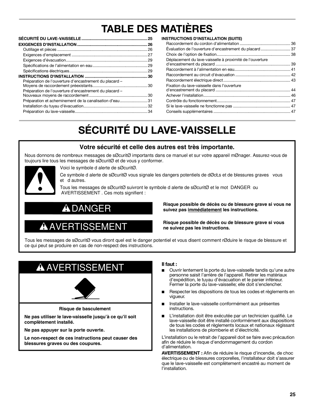 Maytag W10532762A installation instructions Table DES Matières, Sécurité DU LAVE-VAISSELLE, Il faut 