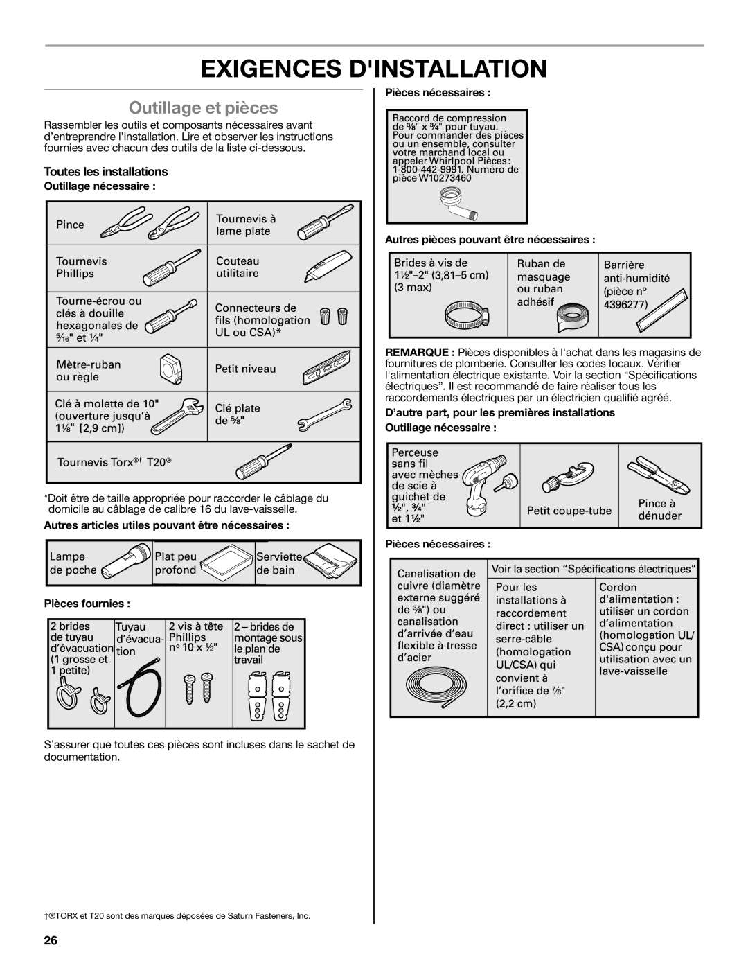 Maytag W10532762A installation instructions Exigences Dinstallation, Outillage et pièces, Toutes les installations 