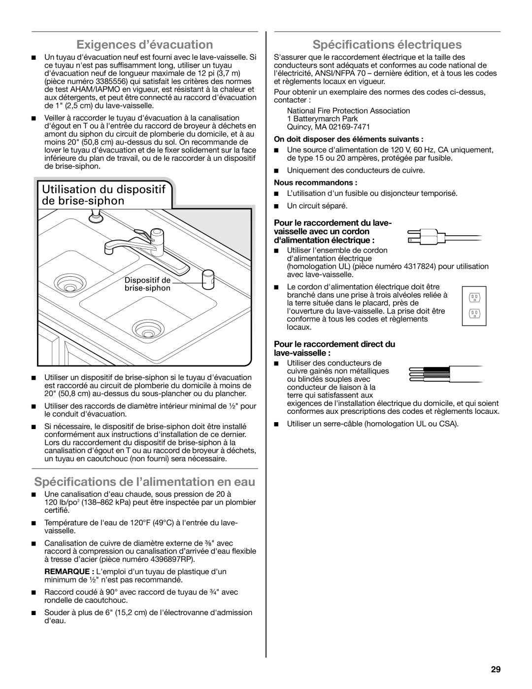 Maytag W10532762A Exigences d’évacuation, Spécifications de l’alimentation en eau, Spécifications électriques 