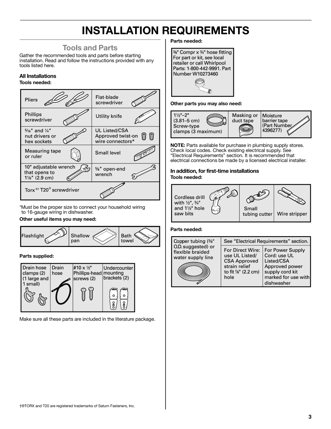 Maytag W10532762A Installation Requirements, Tools and Parts, All Installations, Addition, for first-time installations 