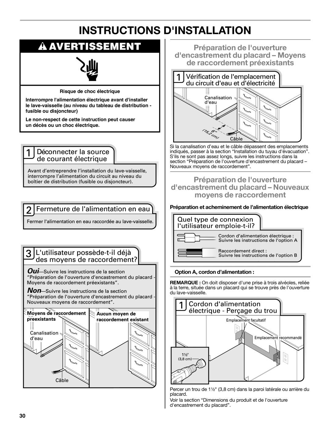 Maytag W10532762A Instructions Dinstallation, Préparation et acheminement de l’alimentation électrique 