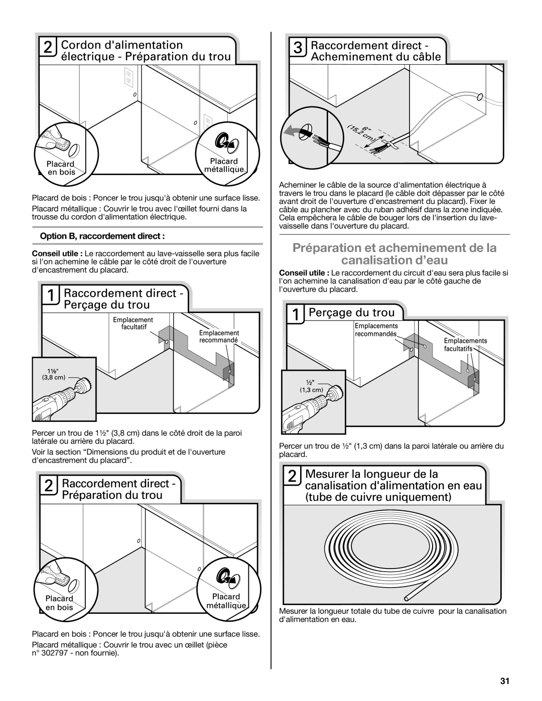 Maytag W10532762A Préparation et acheminement de la Canalisation d’eau, Option B, raccordement direct 