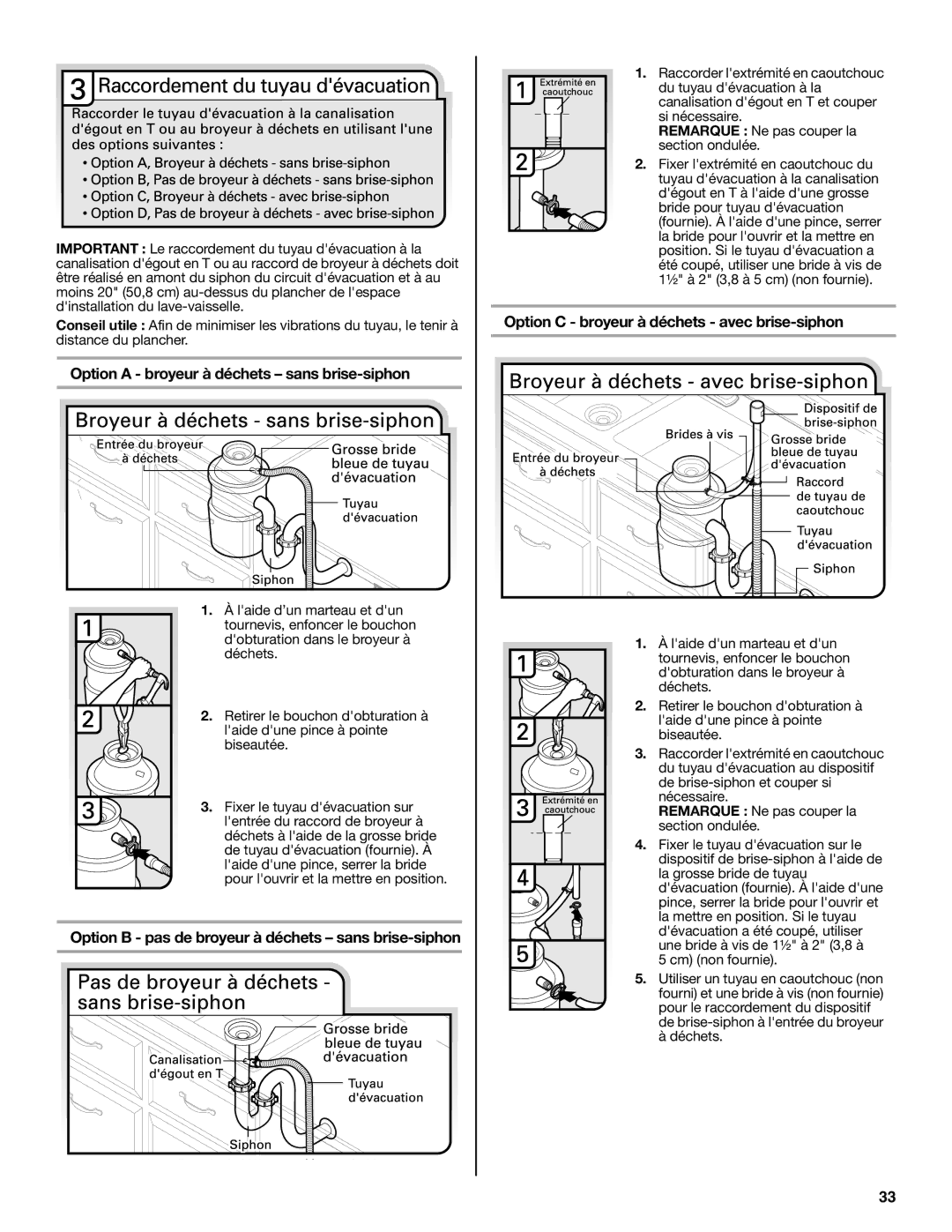 Maytag W10532762A Option a broyeur à déchets sans brise-siphon, Option B pas de broyeur à déchets sans brise-siphon 