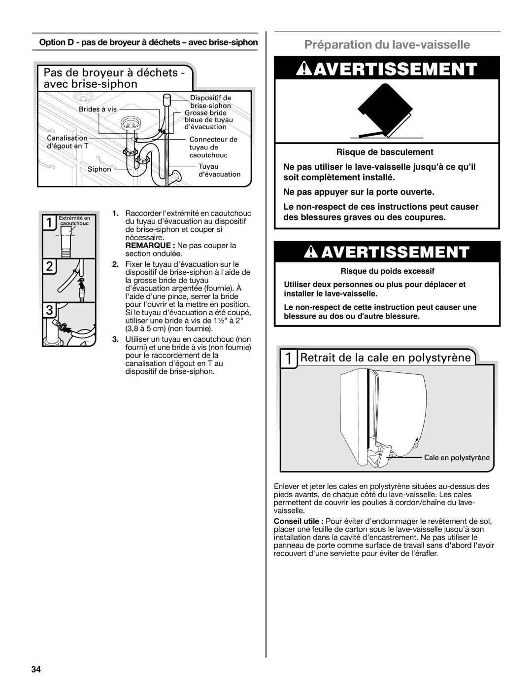 Maytag W10532762A Préparation du lave-vaisselle, Option D pas de broyeur à déchets avec brise-siphon 