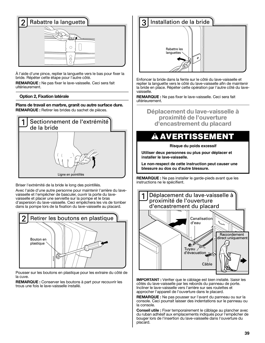 Maytag W10532762A installation instructions Avertissement 