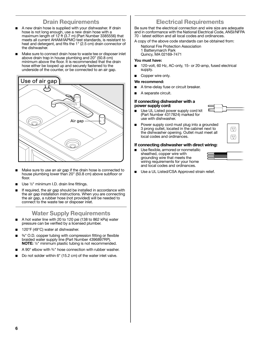 Maytag W10532762A installation instructions Drain Requirements, Water Supply Requirements, Electrical Requirements 