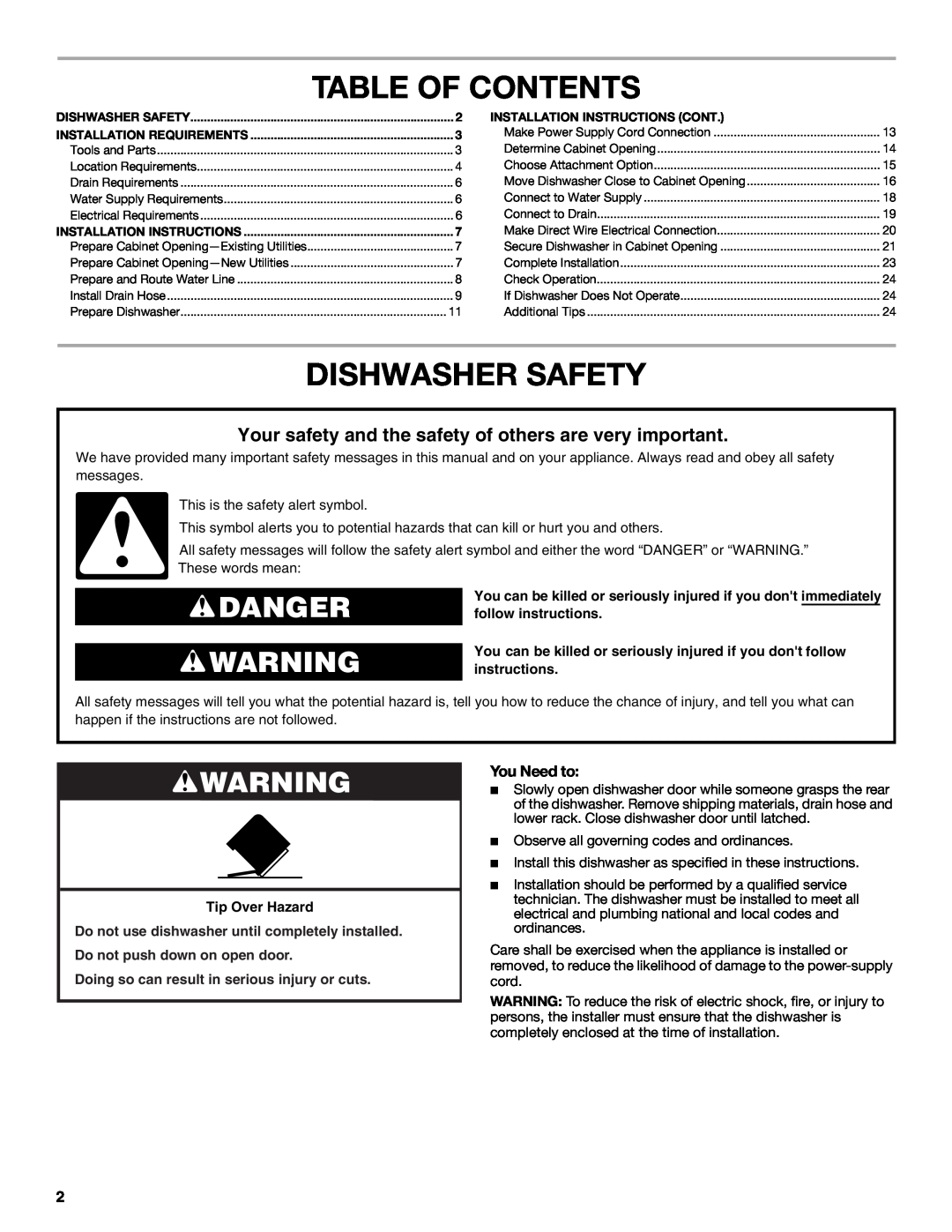 Maytag W10532762A installation instructions Table Of Contents, Dishwasher Safety, Danger, You Need to 