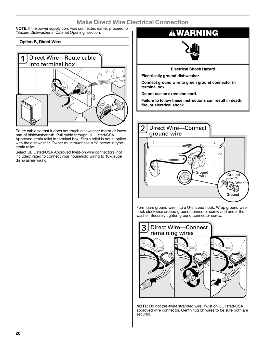 Maytag W10532762A installation instructions Make Direct Wire Electrical Connection, Option B, Direct Wire 