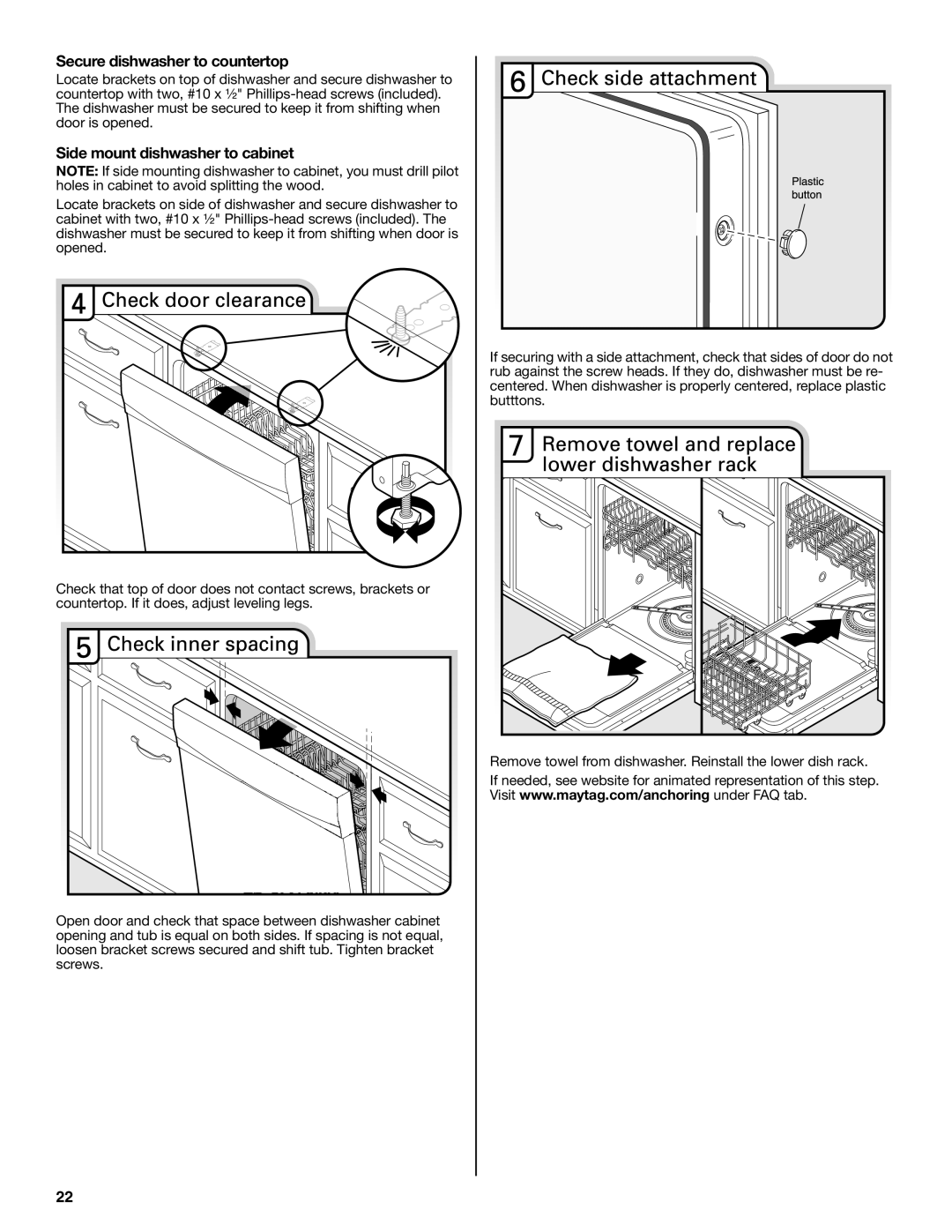 Maytag W10532762A installation instructions Secure dishwasher to countertop, Side mount dishwasher to cabinet 