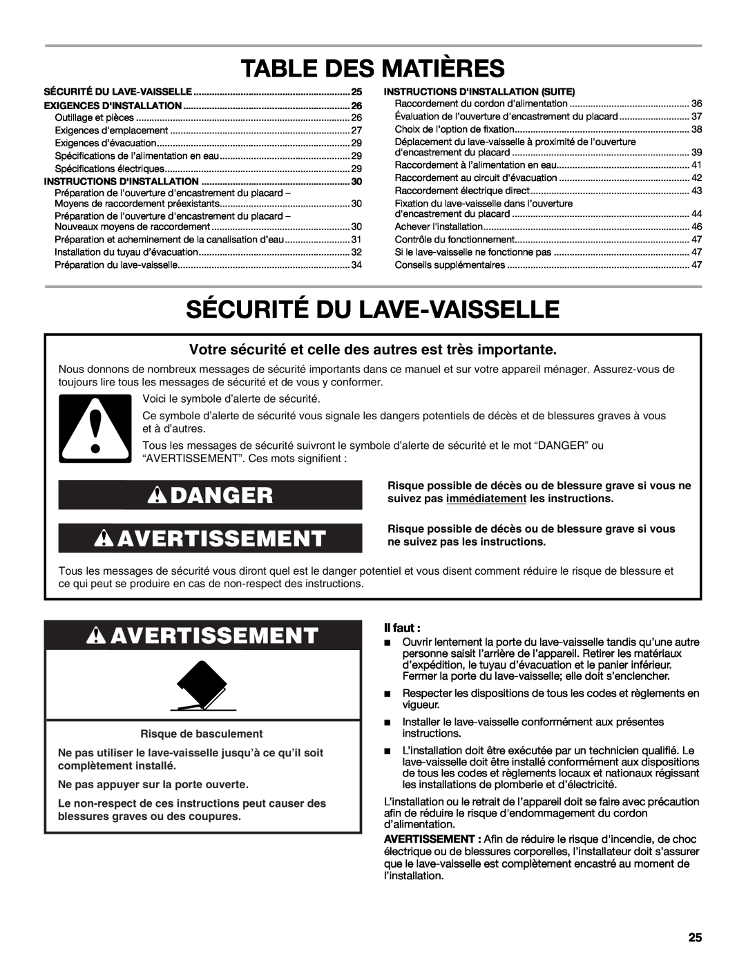 Maytag W10532762A installation instructions Table Des Matières, Sécurité Du Lave-Vaisselle, Danger Avertissement, Il faut 