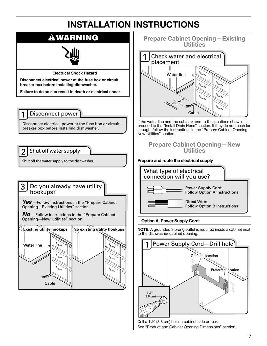 Maytag W10532762A Installation Instructions, Prepare Cabinet Opening—Existing Utilities, Option A, Power Supply Cord 