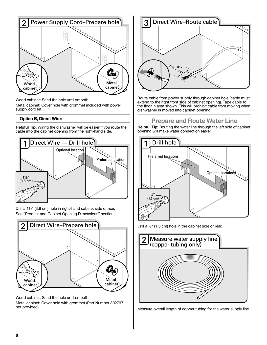 Maytag W10532762A installation instructions Prepare and Route Water Line, Option B, Direct Wire 